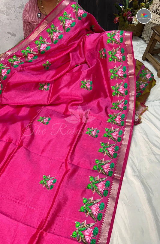 Pure Mangalagiri Pattu  with Tanjore Paints - Pink