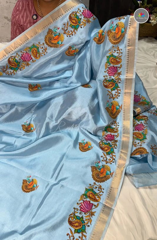 Pure Mangalagiri Pattu  with Tanjore Paints -Sky Blue