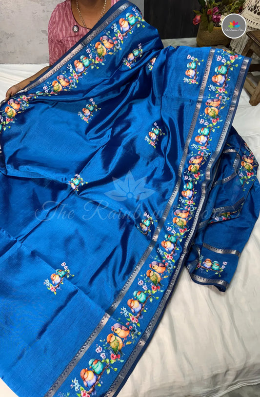 Pure Mangalagiri Pattu  with Tanjore Paints - Royal Blue
