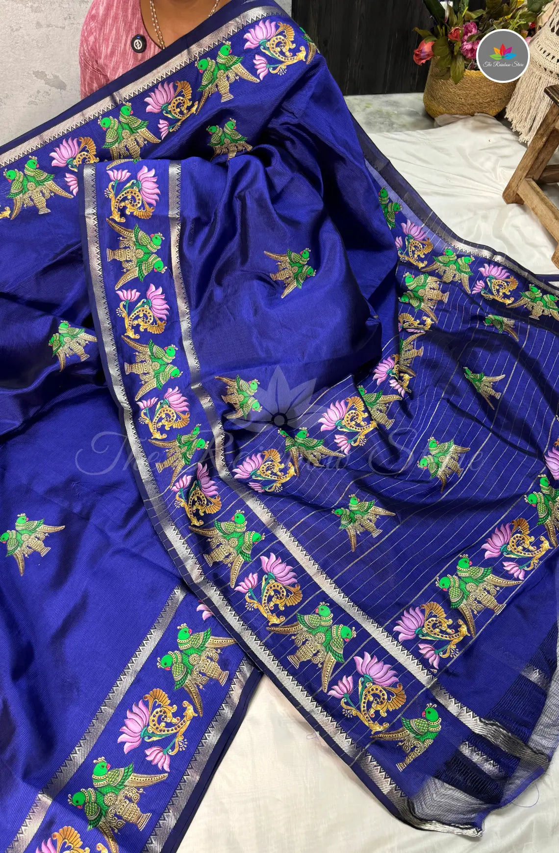 Pure Mangalagiri Pattu  with Tanjore Paints - Royal Blue