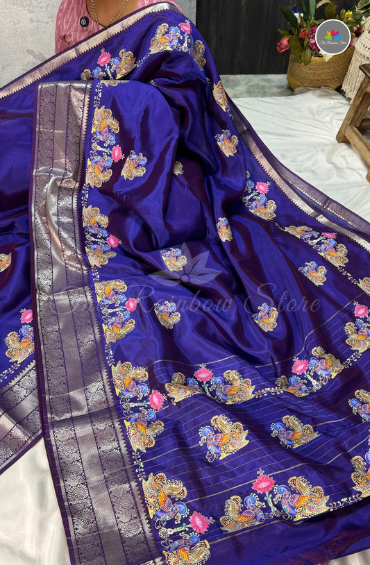 Pure Mangalagiri Pattu  with Tanjore Paints - Blue