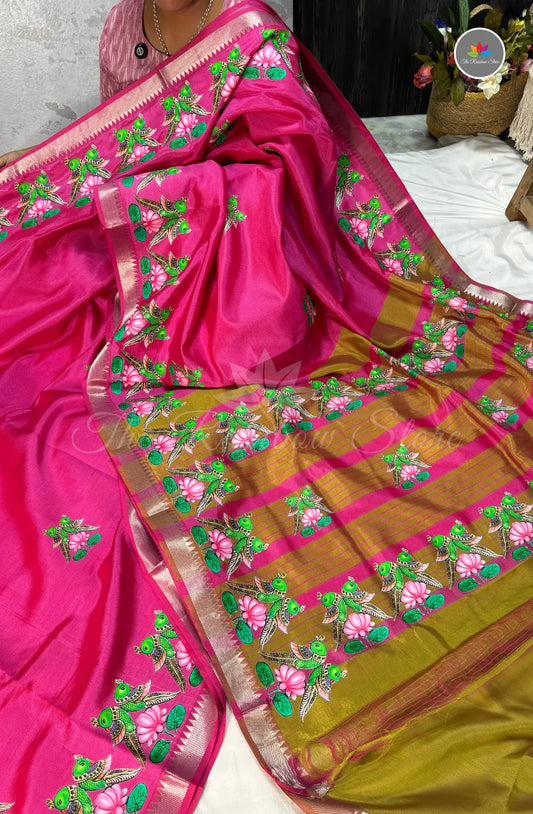 Pure Mangalagiri Pattu  with Tanjore Paints - Pink