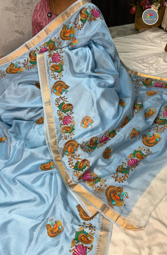Pure Mangalagiri Pattu  with Tanjore Paints -Sky Blue