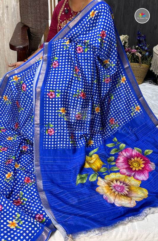 Floral Checks Mangalagiri Pattu Saree - Blue