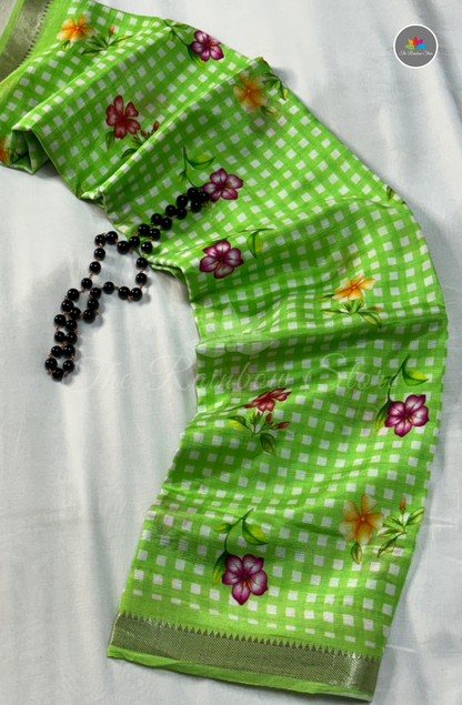 Floral Checks Mangalagiri Pattu Saree - Green