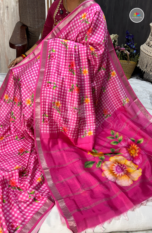 Floral Checks Mangalagiri Pattu Saree - Pink