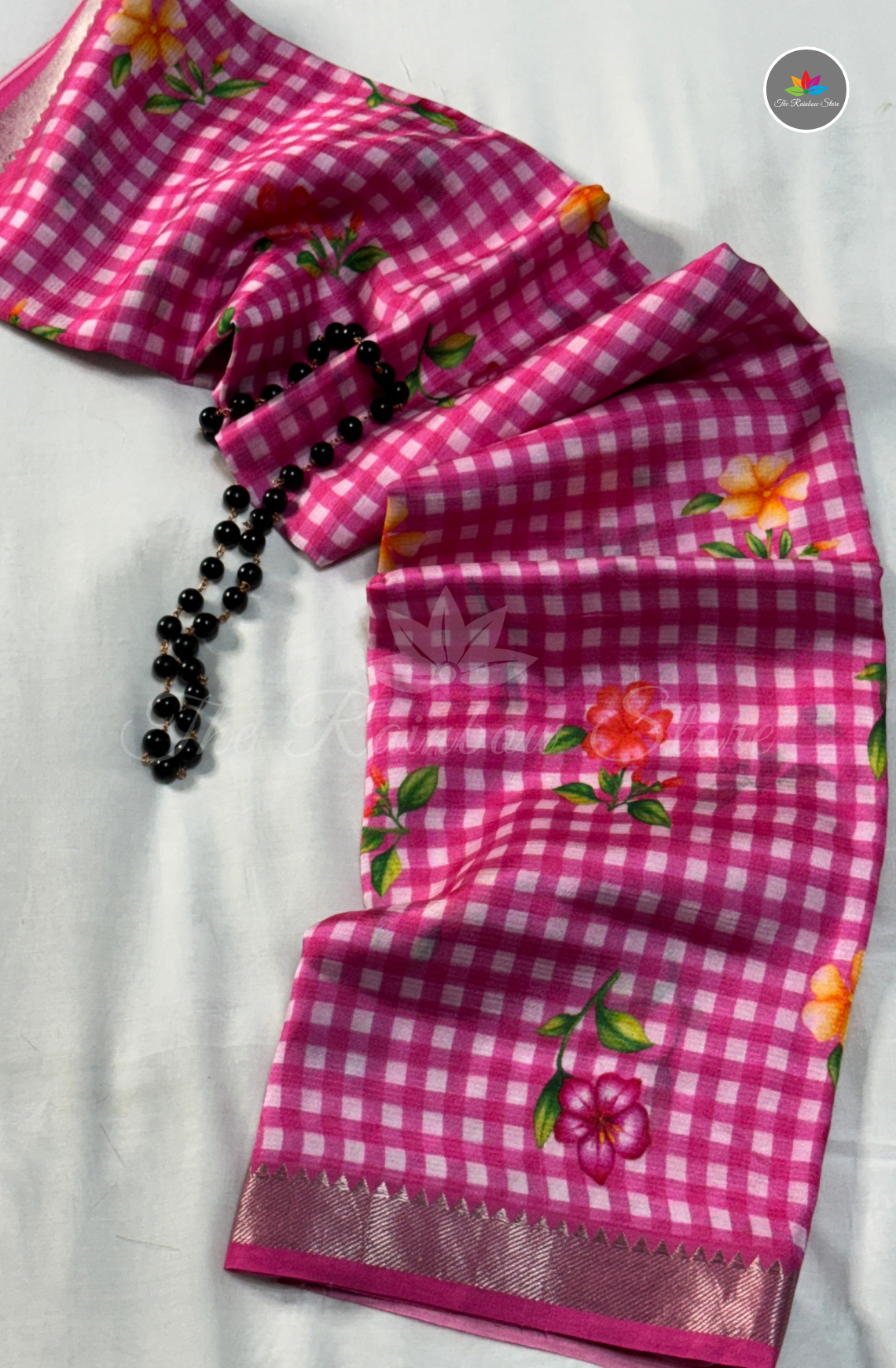 Floral Checks Mangalagiri Pattu Saree - Pink