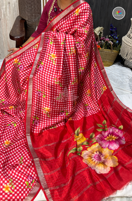 Floral Checks Mangalagiri Pattu Saree - Red