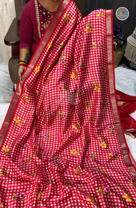 Floral Checks Mangalagiri Pattu Saree - Red