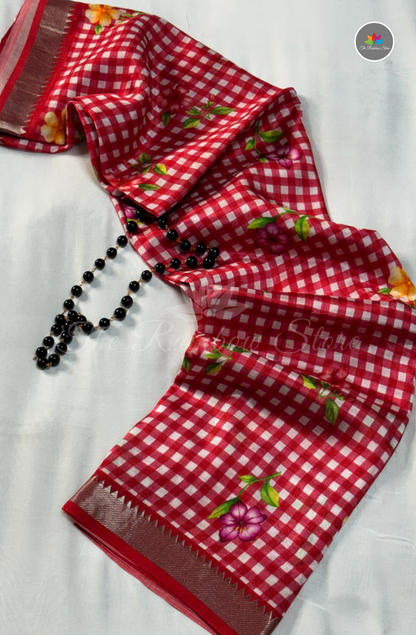Floral Checks Mangalagiri Pattu Saree - Red