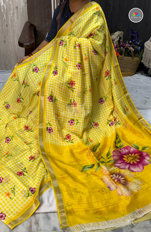 Floral Checks Mangalagiri Pattu Saree - Yellow