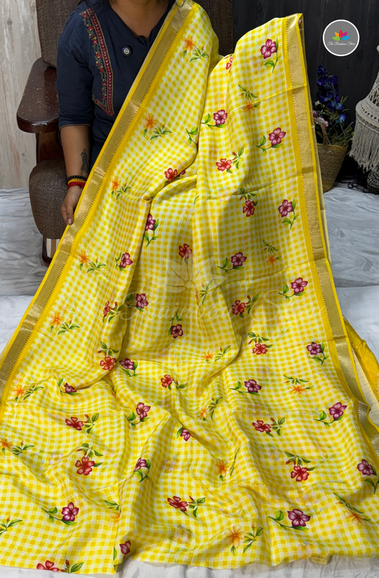 Floral Checks Mangalagiri Pattu Saree - Yellow