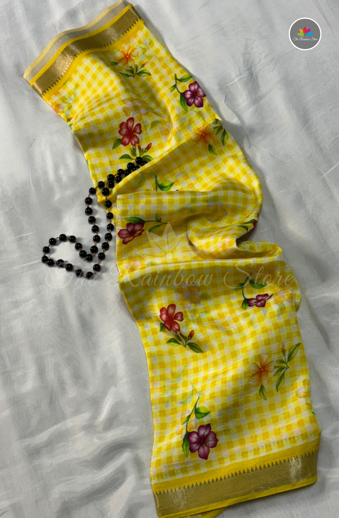 Floral Checks Mangalagiri Pattu Saree - Yellow