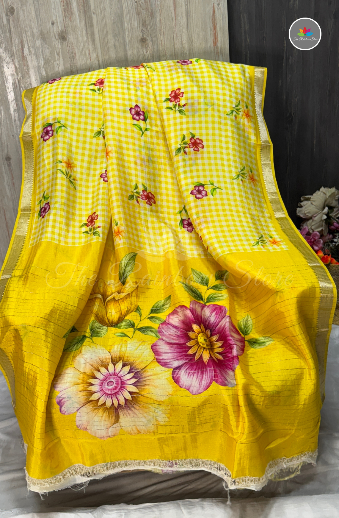 Floral Checks Mangalagiri Pattu Saree - Yellow