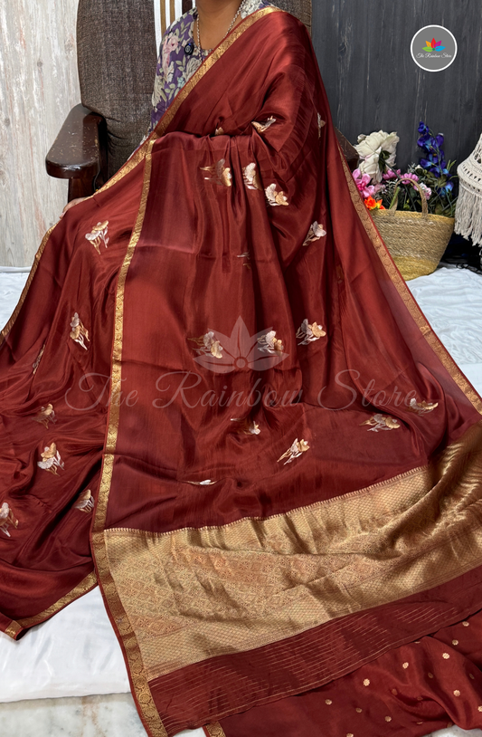 Floral Embroidered Organza Saree – Maroon