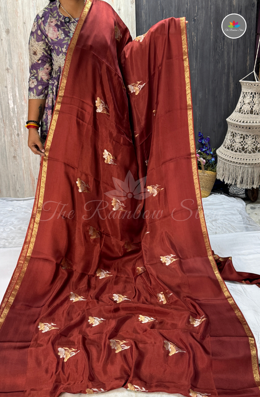 Floral Embroidered Organza Saree – Maroon