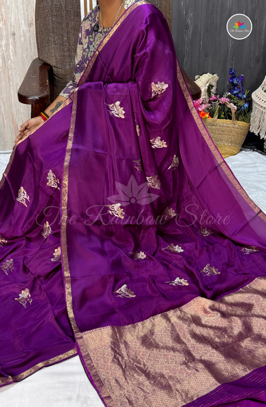 Floral Embroidered Organza Saree – Purple