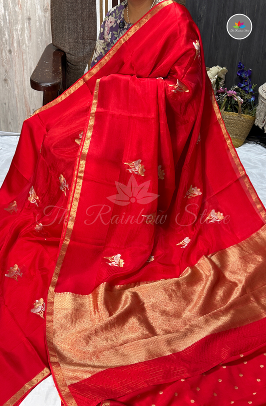 Floral Embroidered Organza Saree – Red