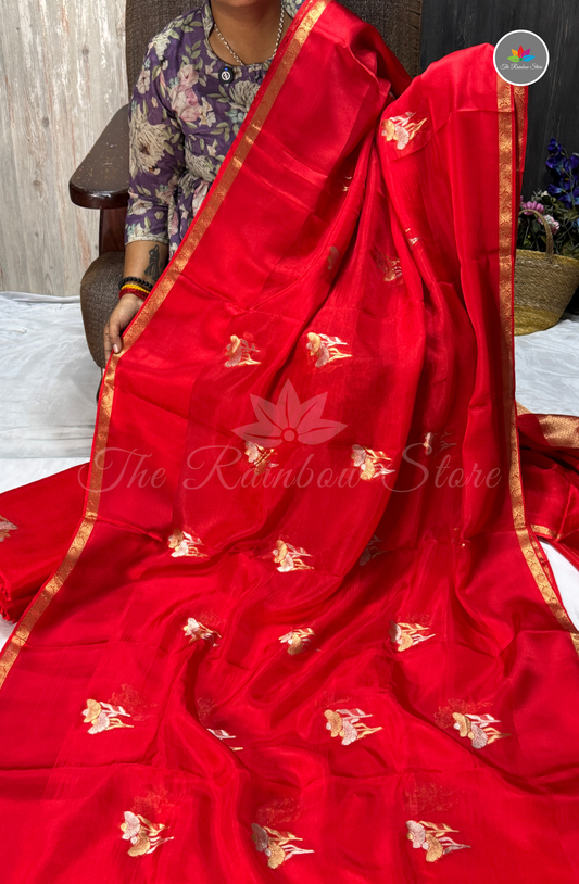 Floral Embroidered Organza Saree – Red