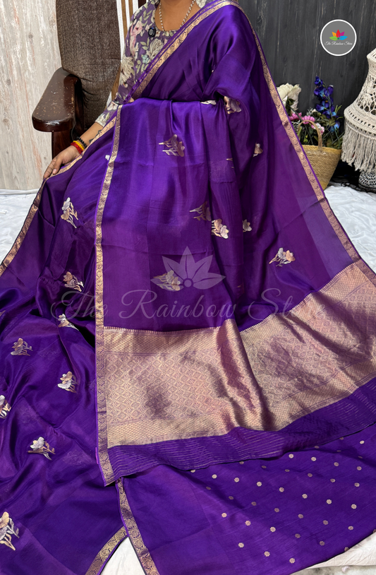 Floral Embroidered Organza Saree – Royal Purple