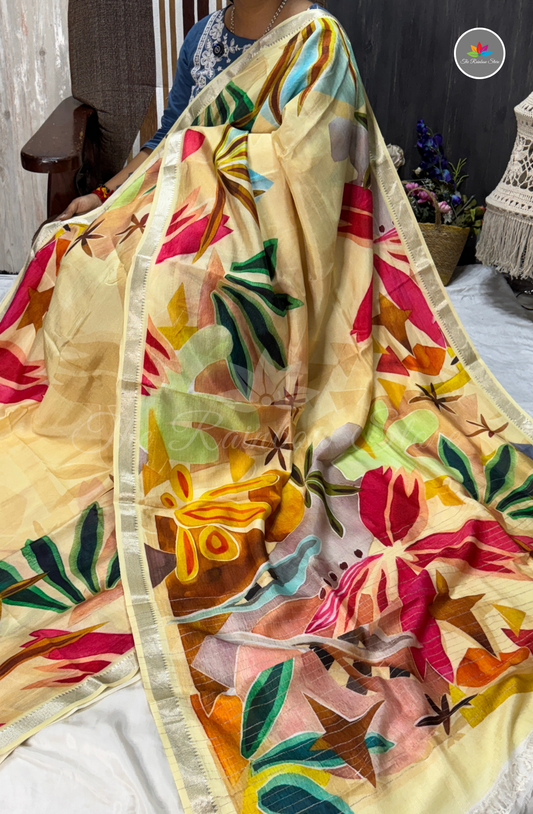 Floral Mangalagiri Pattu Saree - Cream