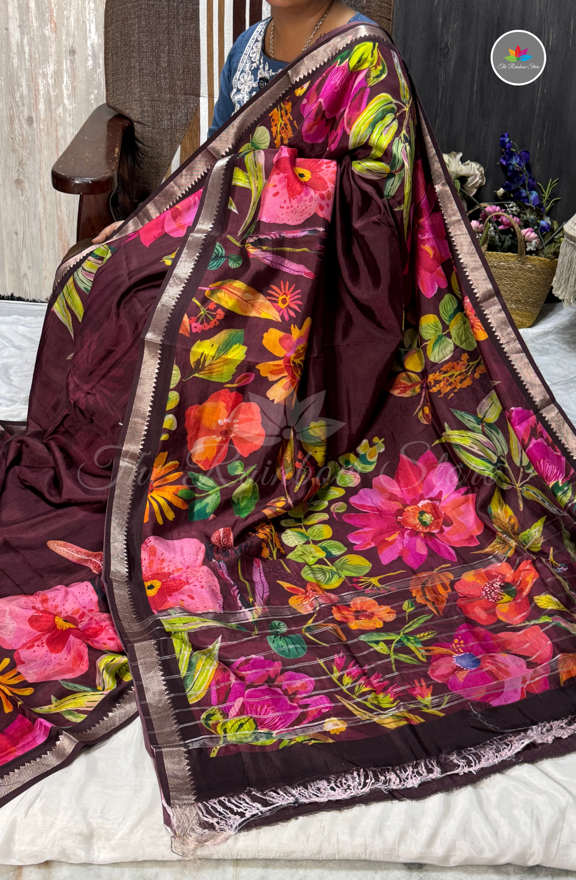 Floral Mangalagiri Pattu Saree - Deep Wine