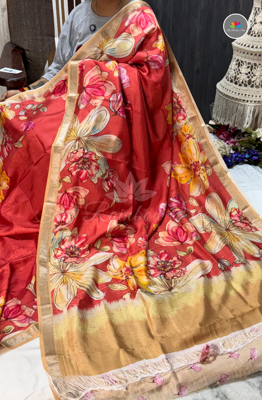 Floral Mangalagiri Pattu Saree - Red