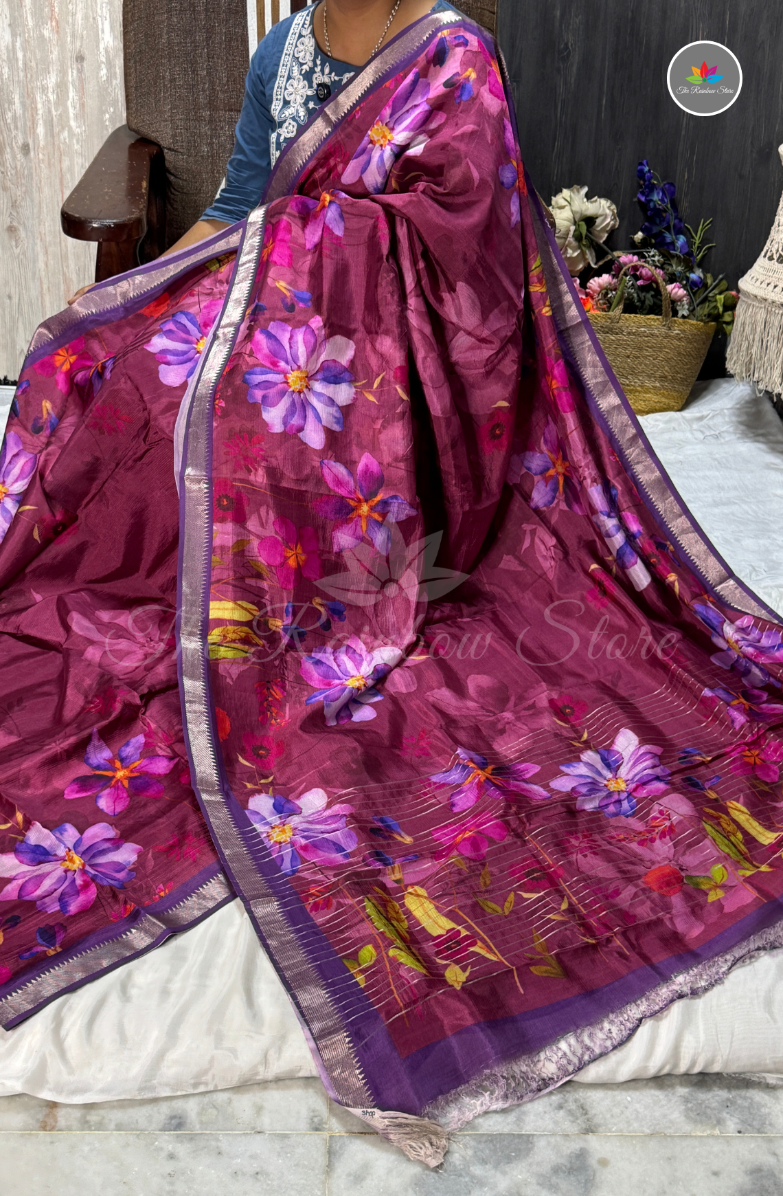 Floral Mangalagiri Pattu Saree - Wine Purple