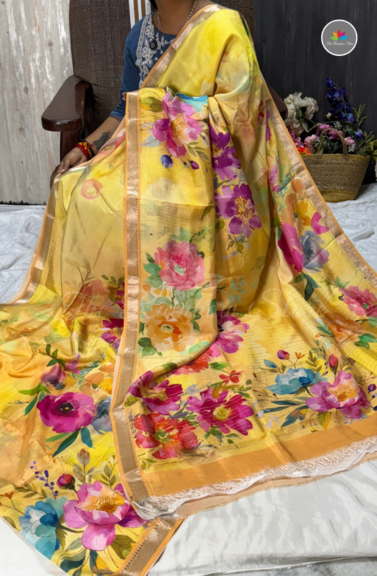 Floral Mangalagiri Pattu Saree - Yellow