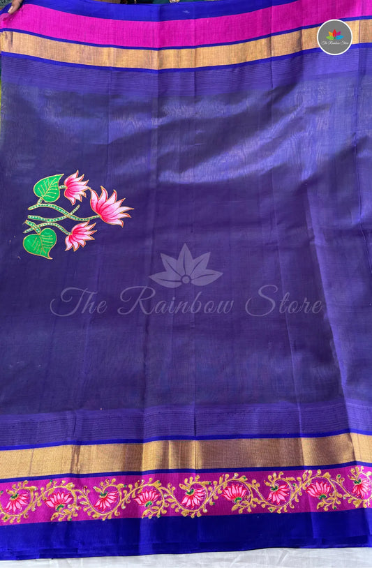 Premium Gadwal Saree with Tanjore Paint - Lime Green