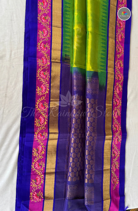 Premium Gadwal Saree with Tanjore Paint - Lime Green