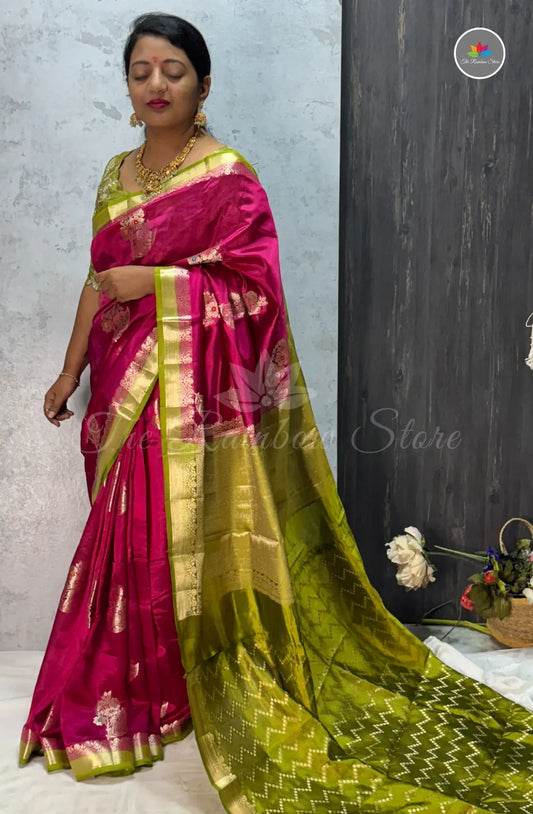 Elegant Green Mango Silk Saree - Rani Pink