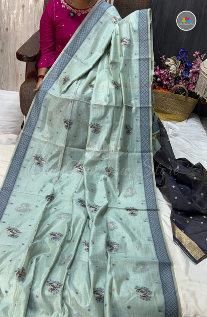 Munga Cotton With Jamdani Weaves Saree - Mint Green with Steel Grey Border and Navy Blue
