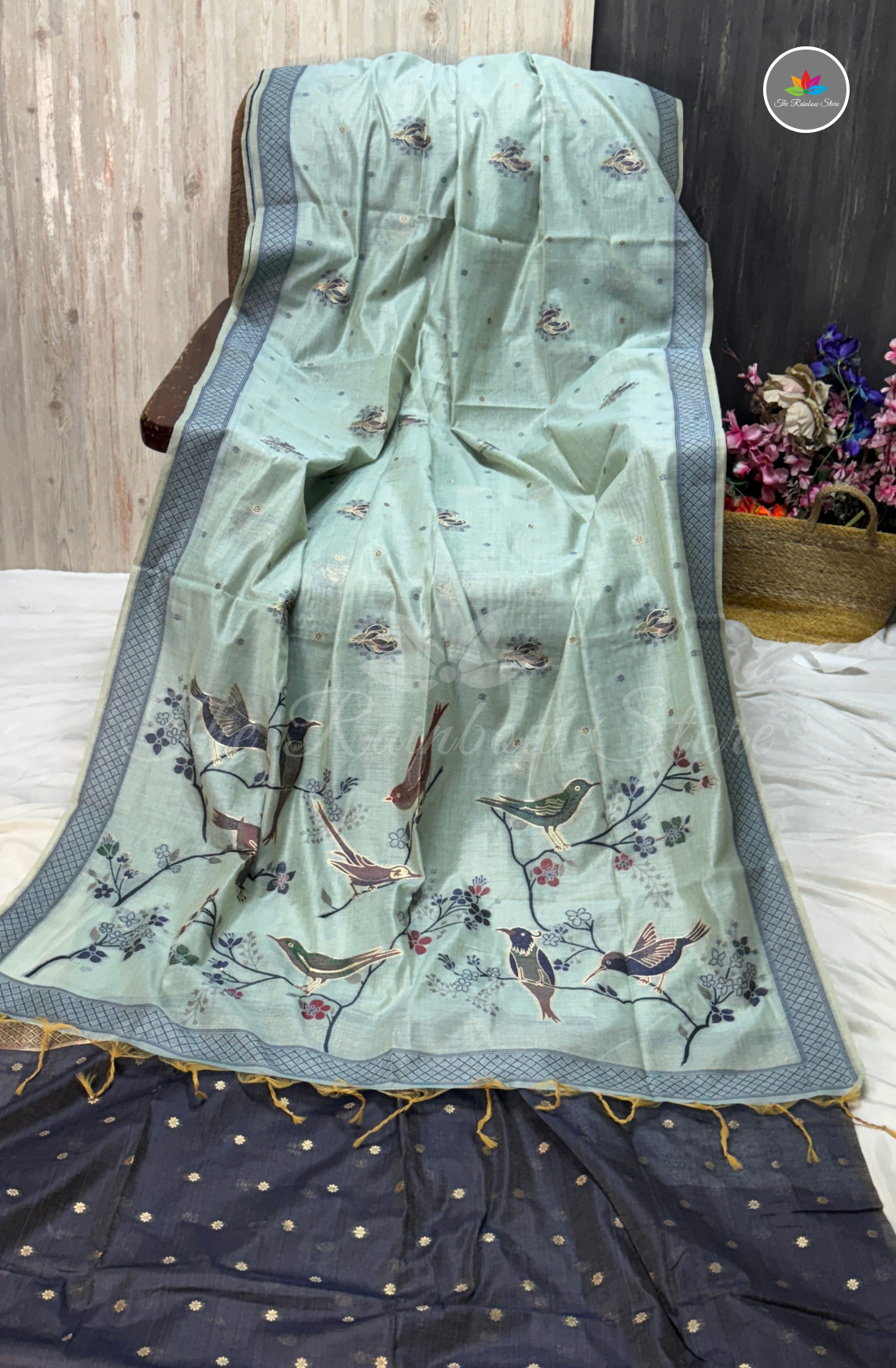 Munga Cotton With Jamdani Weaves Saree - Mint Green with Steel Grey Border and Navy Blue