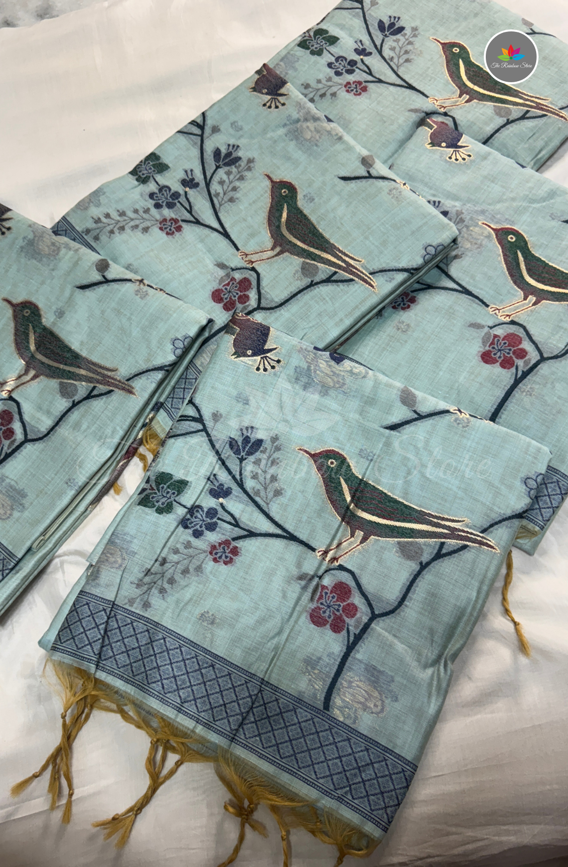 Munga Cotton With Jamdani Weaves Saree - Mint Green with Steel Grey Border and Navy Blue