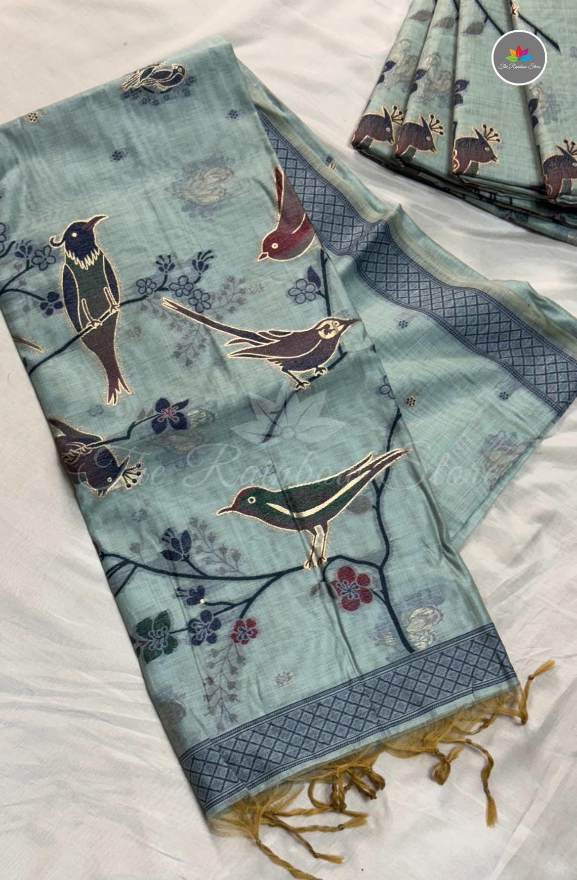 Munga Cotton With Jamdani Weaves Saree - Mint Green with Steel Grey Border and Navy Blue