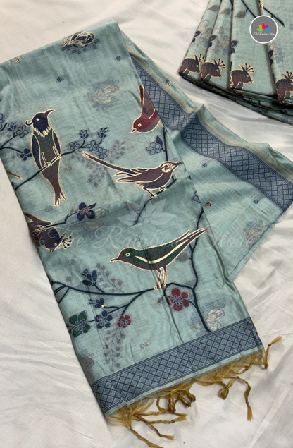 Munga Cotton With Jamdani Weaves Saree - Mint Green with Steel Grey Border and Navy Blue