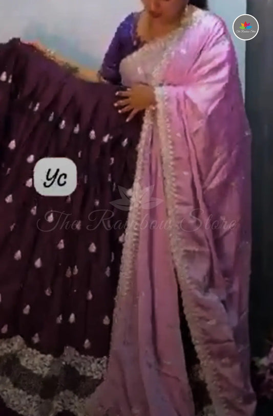 Half Saree Set With Handwork Embroidery - Grape Wine