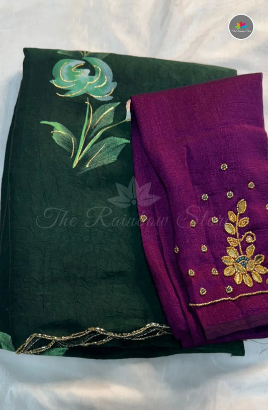 Hand Paint Saree With Maggam Blouse Work - Green