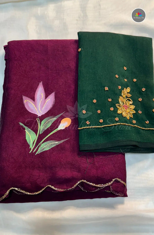 Hand Paint Saree With Maggam Blouse Work - Maroon