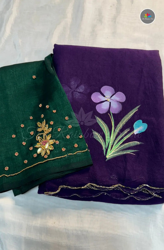 Hand Paint Saree With Maggam Blouse Work - Purple