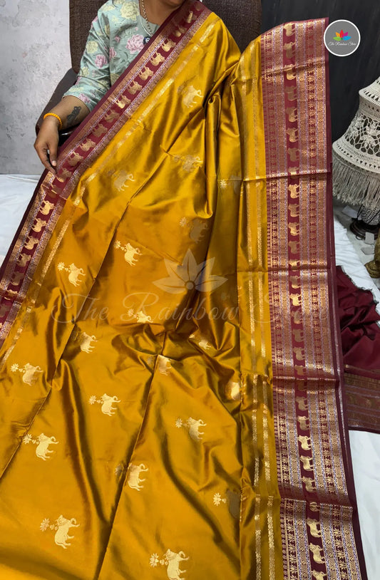 Handloom Kanchi Soft Silk Saree - Mustard