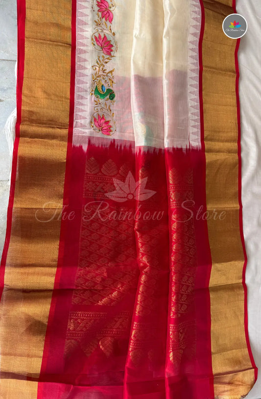 Premium Gadwal Saree with Tanjore Paint - Half white