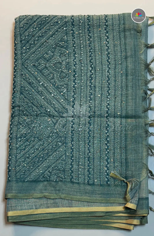 Handmade Knot Work Saree - Teal Green
