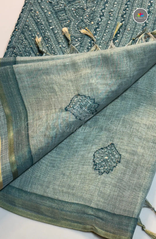 Handmade Knot Work Saree - Teal Green