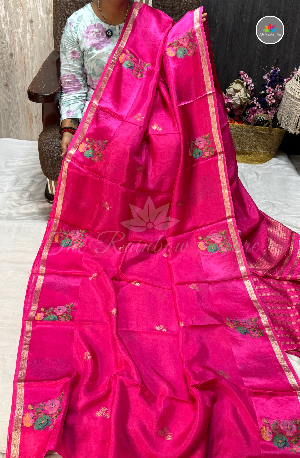 Organza Silk Saree - Hot Pink