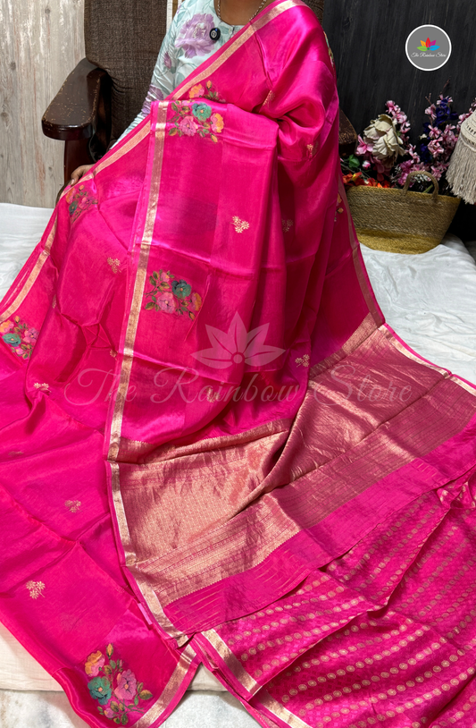 Organza Silk Saree - Hot Pink