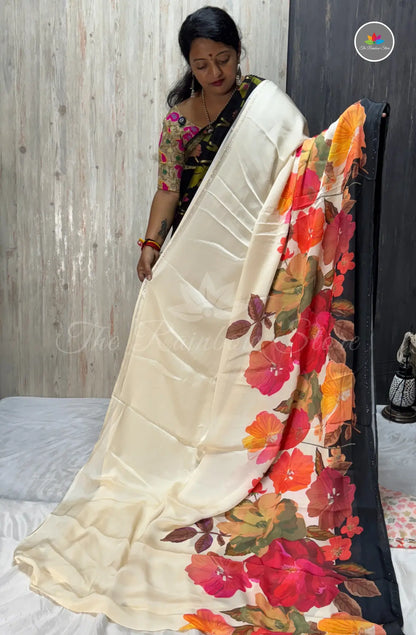 Imported Satin Digital Printed Saree – Cream