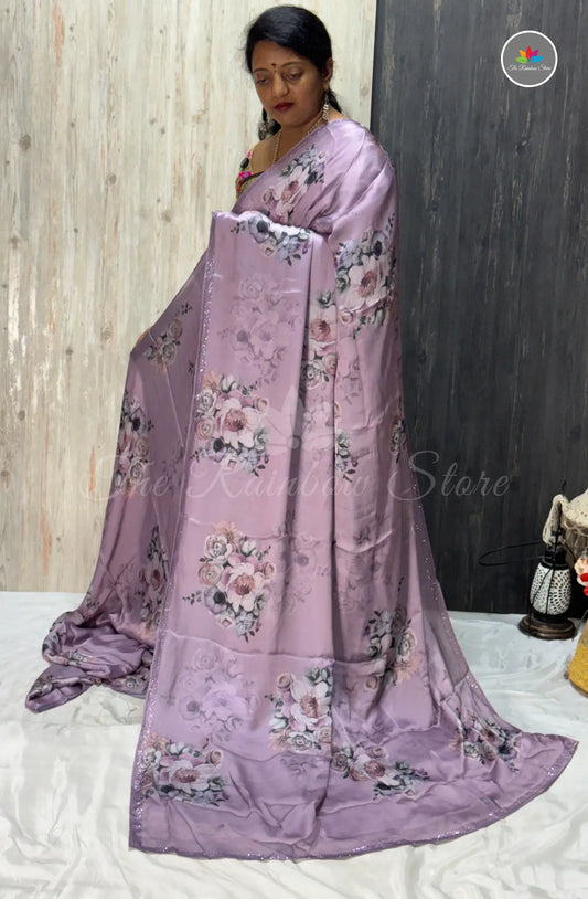 Imported Satin Floral Printed Saree – Lavender