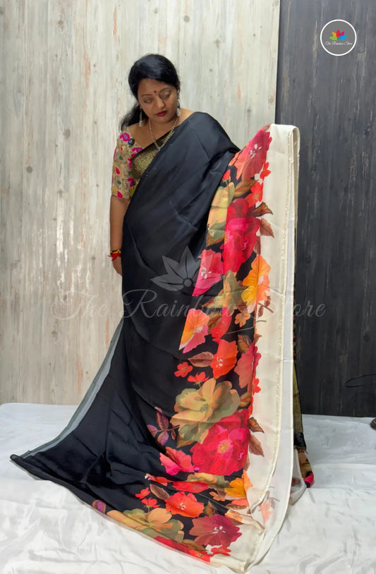 Imported Satin Floral Printed Saree – Black